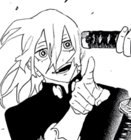 a black and white drawing of a person giving a thumbs up while holding a sword .