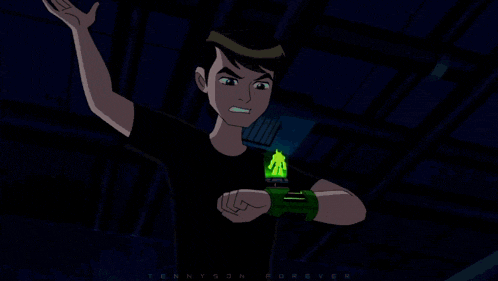 a cartoon character is holding a green light with the name tennyson on the bottom