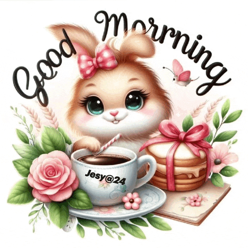 a picture of a bunny with flowers and a cup of coffee with the name jesy @ 24 on it