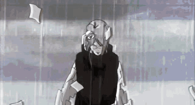 a black and white drawing of a person standing in the rain with papers flying in the air .