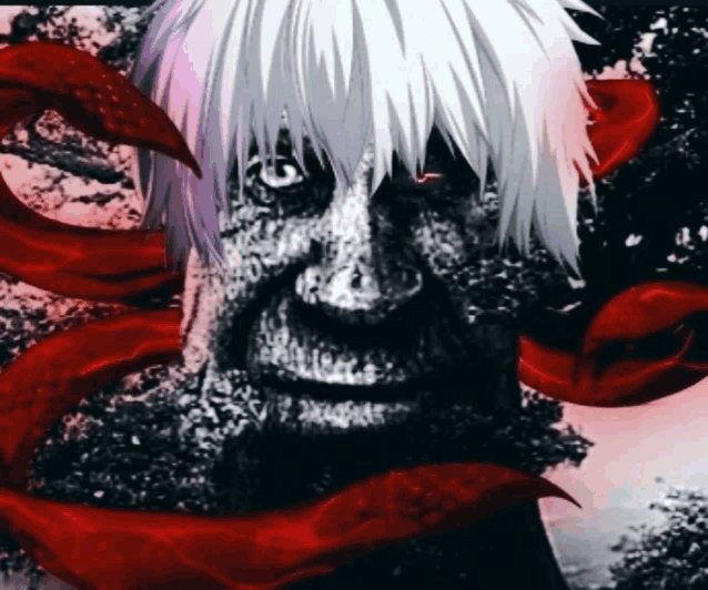 a close up of a man 's face with a red ribbon around his neck