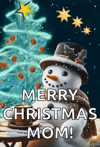 a snowman is holding a cup of coffee in front of a christmas tree and says merry christmas mom