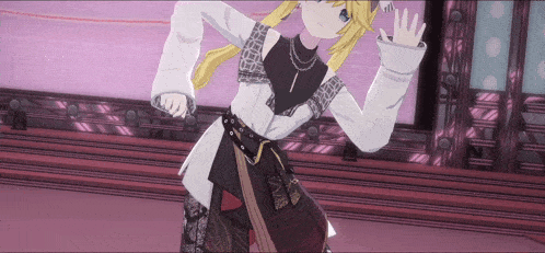 a girl with blonde hair and a white shirt is dancing on a stage