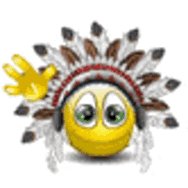 a smiley face wearing a native american headdress and headphones is waving .