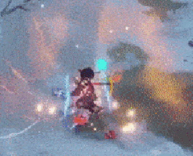 a pixelated image of a person standing in the snow with a sword in their hand .