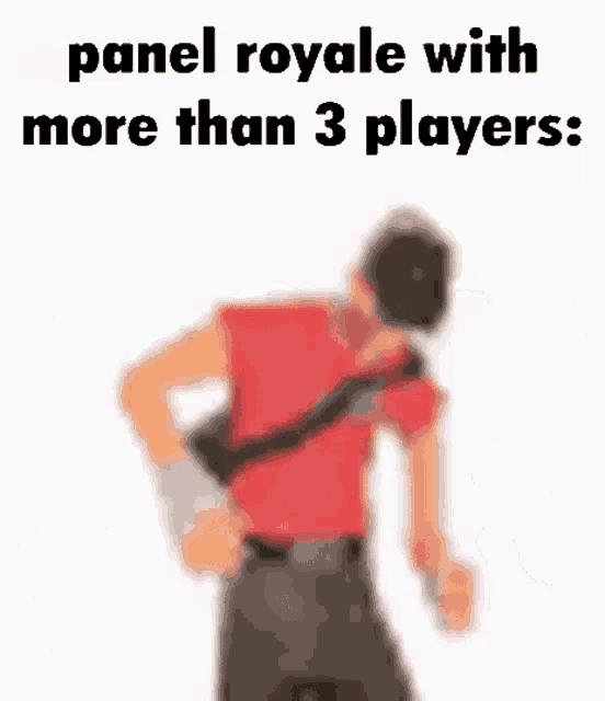 a blurry picture of a man in a red shirt dancing with the words panel royale with more than 3 players .