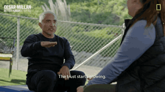 a man talking to a woman with the words " the trust starts growing " in the corner