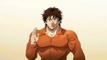 a muscular man in an orange shirt is giving the middle finger .