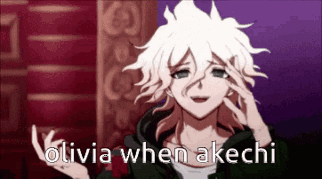 a picture of a boy with white hair and the words `` olivia when akchi '' written on it .