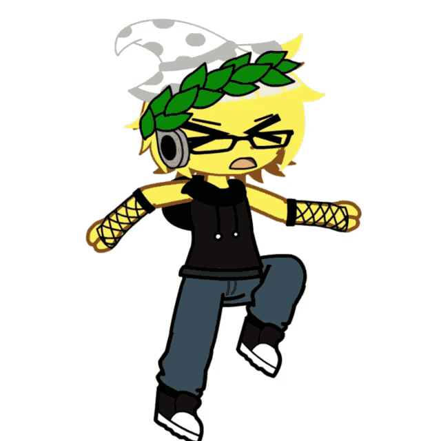a cartoon character wearing headphones and a laurel wreath on his head