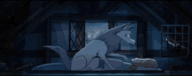 a cartoon drawing of a wolf standing next to a man
