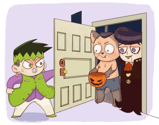 a cartoon drawing of a cat holding a pumpkin and two kids