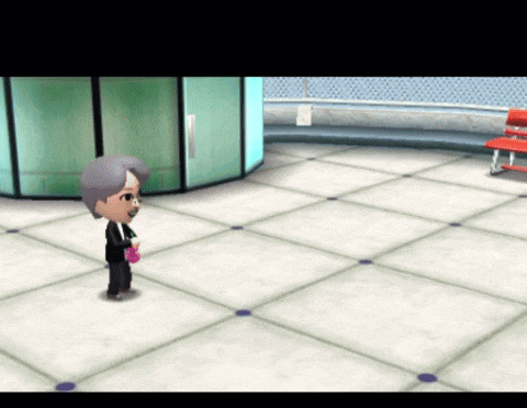 a cartoon character is standing on a tiled floor in front of a red bench