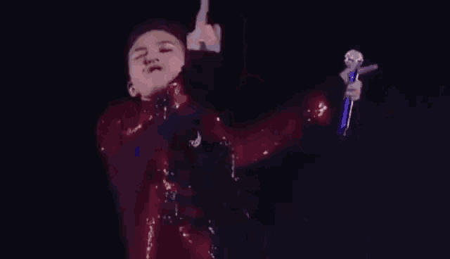 a man in a red jacket is holding a microphone on a stage .