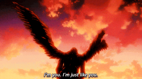a silhouette of a person with wings says " i 'm you i 'm just like you "