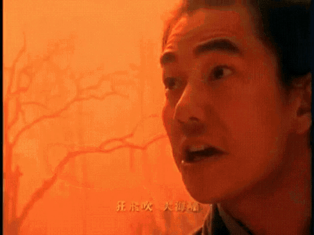 a close up of a man 's face with chinese writing on the bottom right