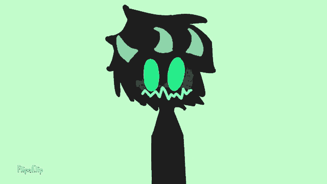 a drawing of a monster with horns and green eyes .