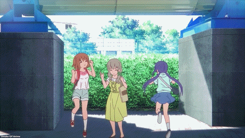 three anime girls are running under a bridge with a watermark on the bottom right
