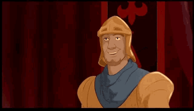 a cartoon character is standing in front of a red curtain and looking at something .