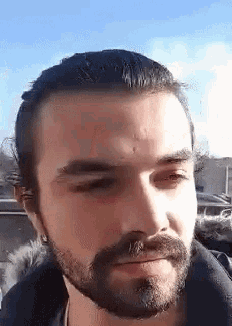 a man with a beard and long hair is looking at the camera with a blue sky in the background .