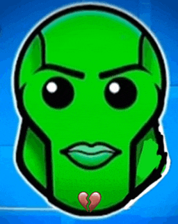 a green cartoon character with a broken heart in its mouth