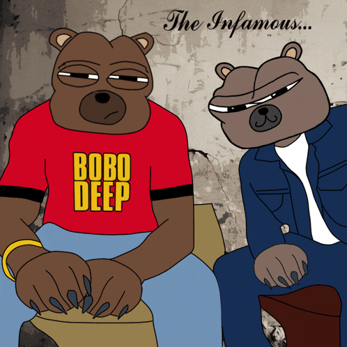 a cartoon bear wearing a red shirt that says bobo deep sits next to another bear