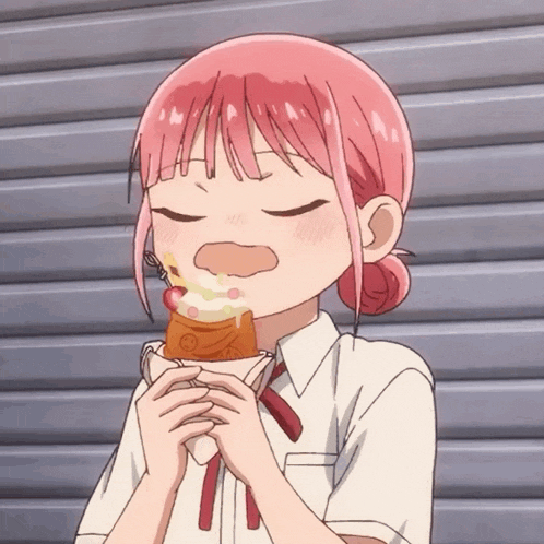 a cartoon girl with pink hair is eating a sandwich