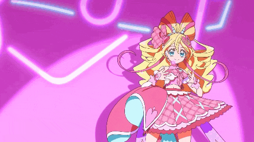 a cartoon drawing of a girl in a pink dress with a bow on her head