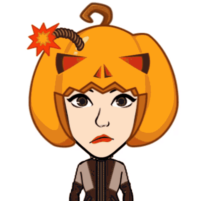 a cartoon character has a pumpkin on her head with a bomb on it