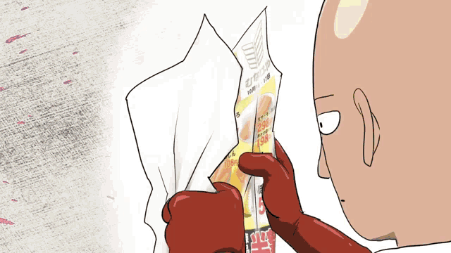 a cartoon of a bald man holding a piece of paper that says ' chicken ' on it