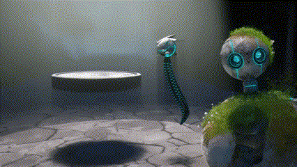 a robot with green eyes is standing on a rock