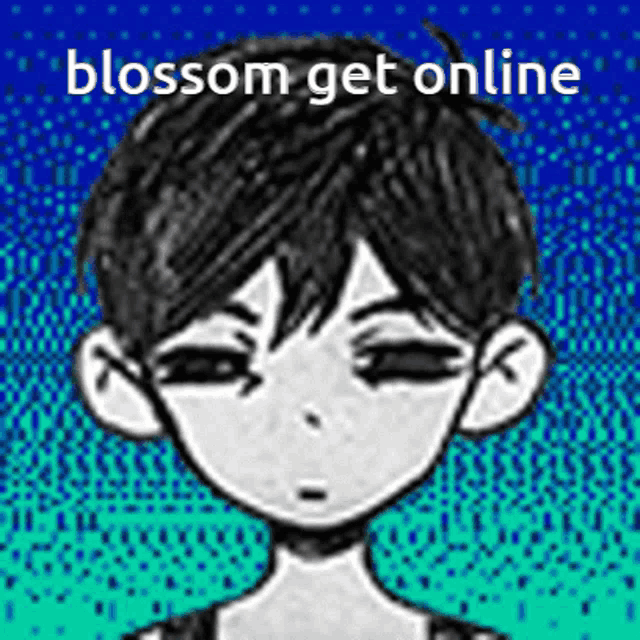 a black and white drawing of a boy with the words `` blossom get online '' written on the bottom .