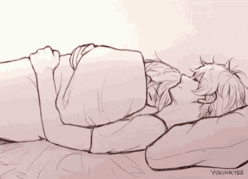 a drawing of a man and a woman sleeping with the name yukinayee on the bottom right