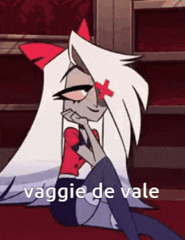 a cartoon character is sitting on the floor with the words vaggie de vale written on the bottom of the image .