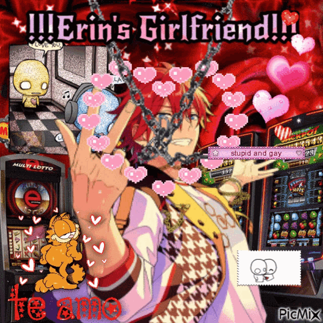 a picture of a man with garfield and the words " erin 's girlfriend " on the top