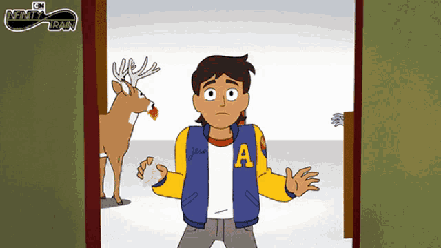 a cartoon of a boy wearing a jacket with the letter a on it