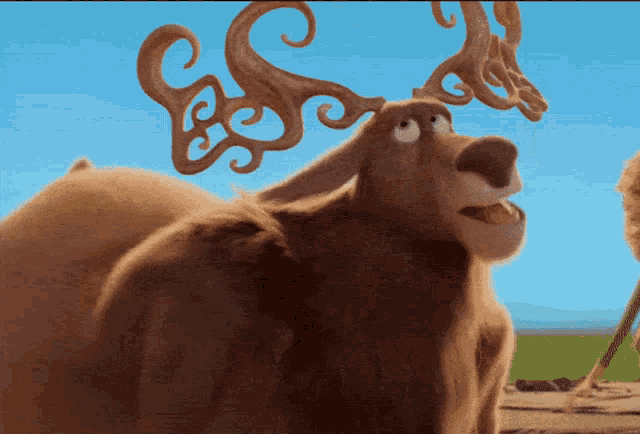 a cartoon reindeer with swirls on its antlers is standing in a field