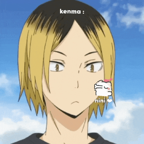 a close up of a person 's face with the name kenma written above it