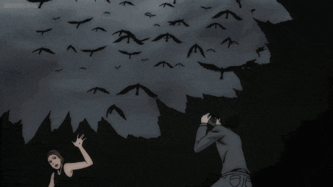 a girl in a black tank top says " what the heck a bunch of birds all took flight at once .. "