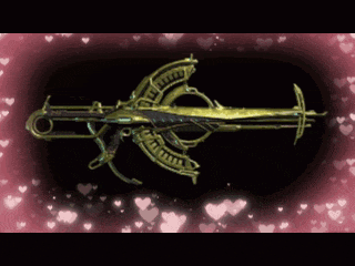 a drawing of a sword surrounded by pink hearts