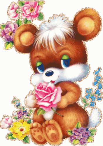 a brown teddy bear is holding a pink rose in its paws