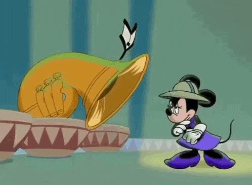 a cartoon of mickey mouse dancing in front of a trumpet with the number 20 on it