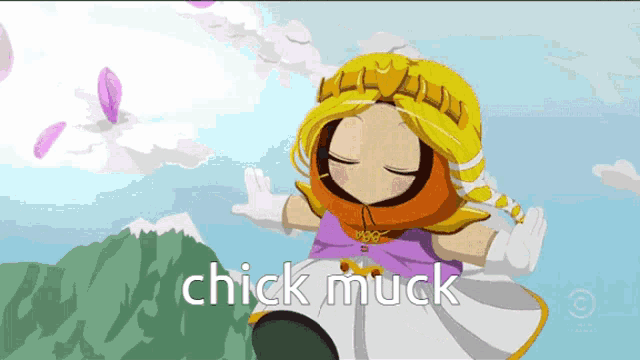 a cartoon character with the words chick muck on the bottom right