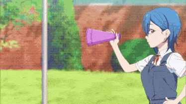 an anime girl with blue hair is holding a purple megaphone