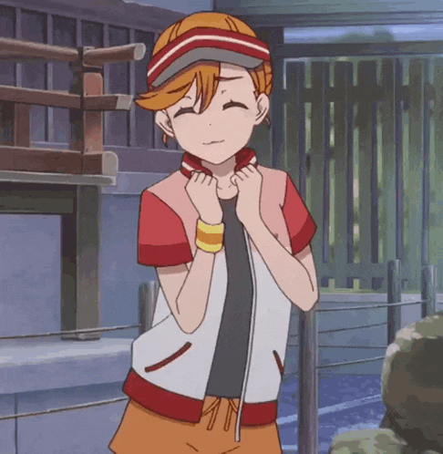 a girl with orange hair is wearing a red and white hat and a jacket .