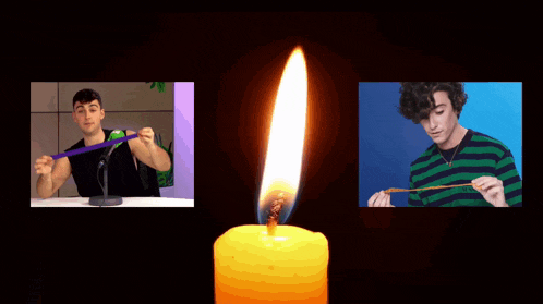a picture of a man holding a microphone next to a picture of a burning candle