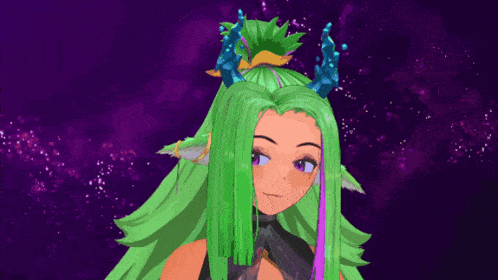 a cartoon girl with green hair and horns