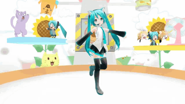 a girl with a cat ear is dancing in front of a bunch of toys