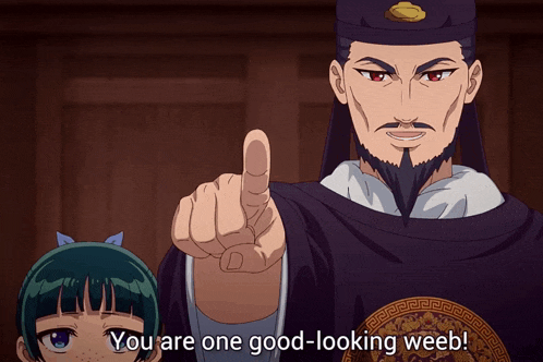 a man with a beard pointing at a girl with the words " you are one good-looking weeb "