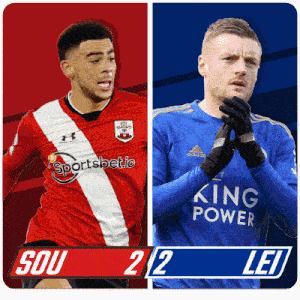 two soccer players one wearing a king power jersey and the other wearing a sou jersey